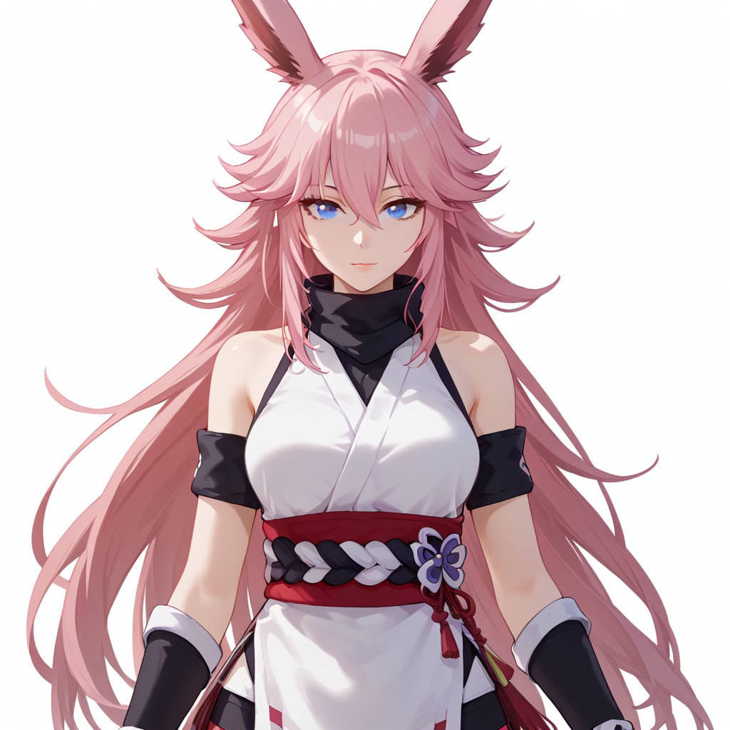 (white background:1.2),looking at viewer,(SOLO:1.4),outline,simple background,upper body, cowboy shot,looking at viewer,(((arms at side))),  yae sakura,hair between eyes,bangs,animal ears,purple eyes,pink hair,long hair,fox ears,breasts,<lora:huli-pony:0.8>