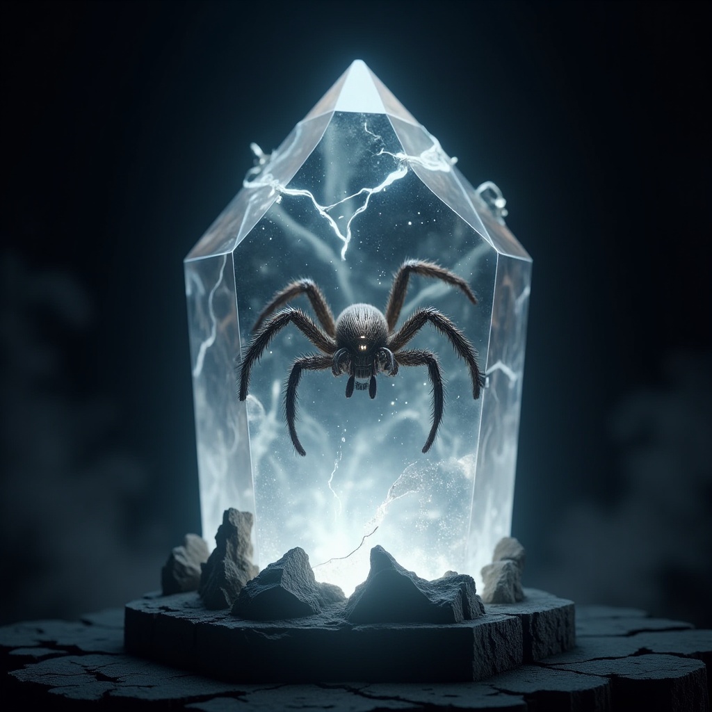professional 3d model "A large,  glowing crystal standing upright with a spider fully encased inside it,  frozen in mid-mo...