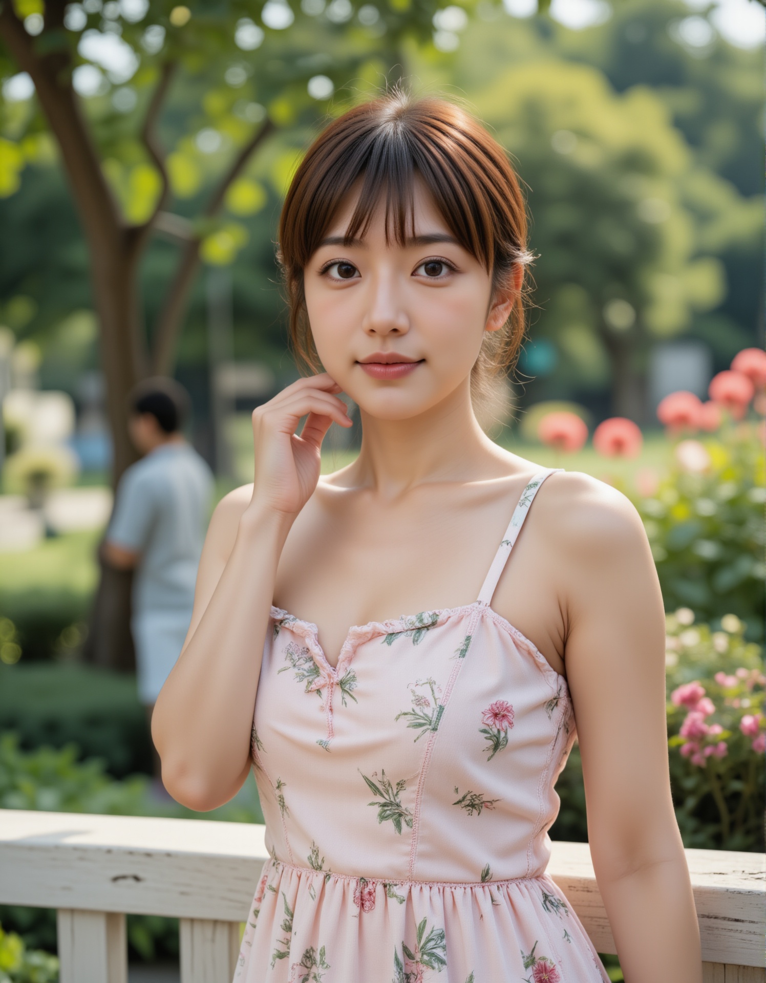 A high quality photo of a young woman with fair skin and long brown hair styled in a loose updo with some strands framing...