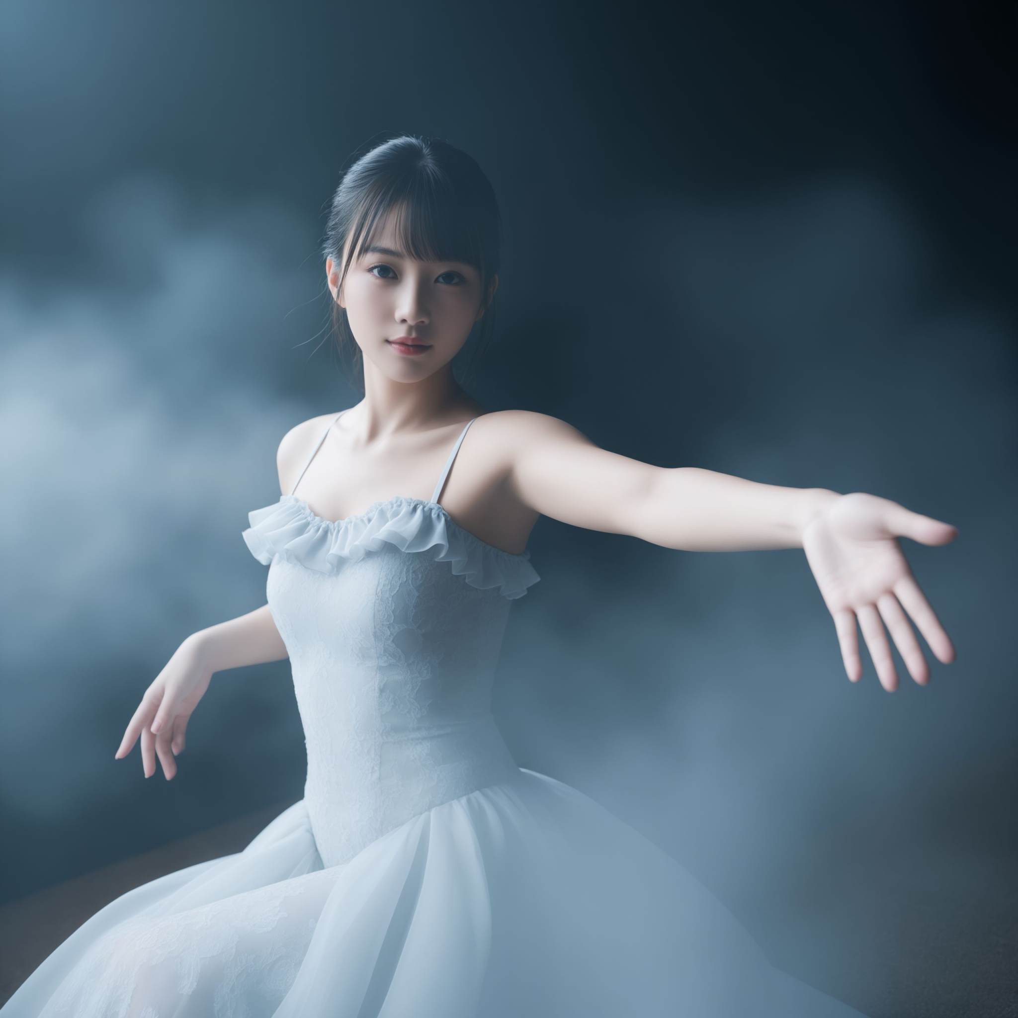 aturated composition , asian,Cinematic still, fashion photography, elegant character in a black and white frilly dress, seated pose with an outstretched hand, soft natural light, dreamy atmosphere, intricate lace details, vintage accessories, emphasizing grace and sophistication., mist,fog, Iridescent lighting with caustics, colorful light reflects dynamically off surfaces, creating vibrant, fluid-like highlights.
