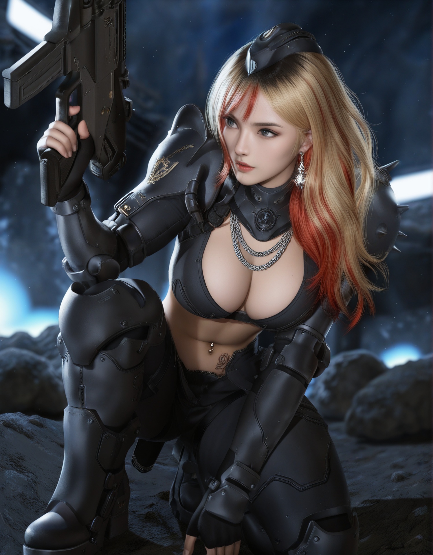 a stunning oriental female space pirate,  wearing silver earrings,  necklaces on Tensor.Art