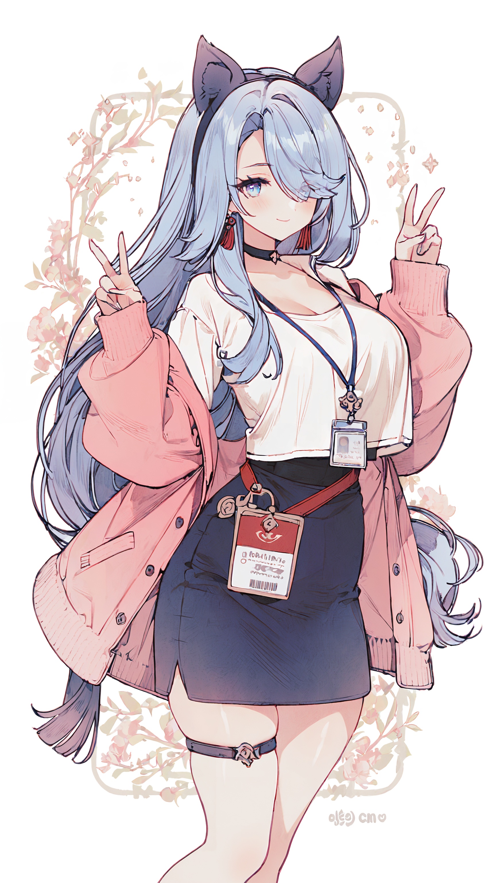 An anime girl,full body,wide_shot,1girl,shenhe (genshin impact),solo,animal ears,long hair,v,skirt,braid,looking at viewer,choker,smile,blue eyes,white background,breasts,double v,earrings,shirt,jewelry,long sleeves,simple background,blue hair,open clothes,alternate costume,bangs,jacket,closed mouth,contemporary,hairband,white shirt,pink jacket,id card,swept bangs,black choker,hands up,fake animal ears,lanyard,braided ponytail,black skirt,open jacket,blush,blue skirt,hair over one eye,black hairband,cowboy shot,hair ornament,single braid,very long hair,casual,large breasts,cat ears,