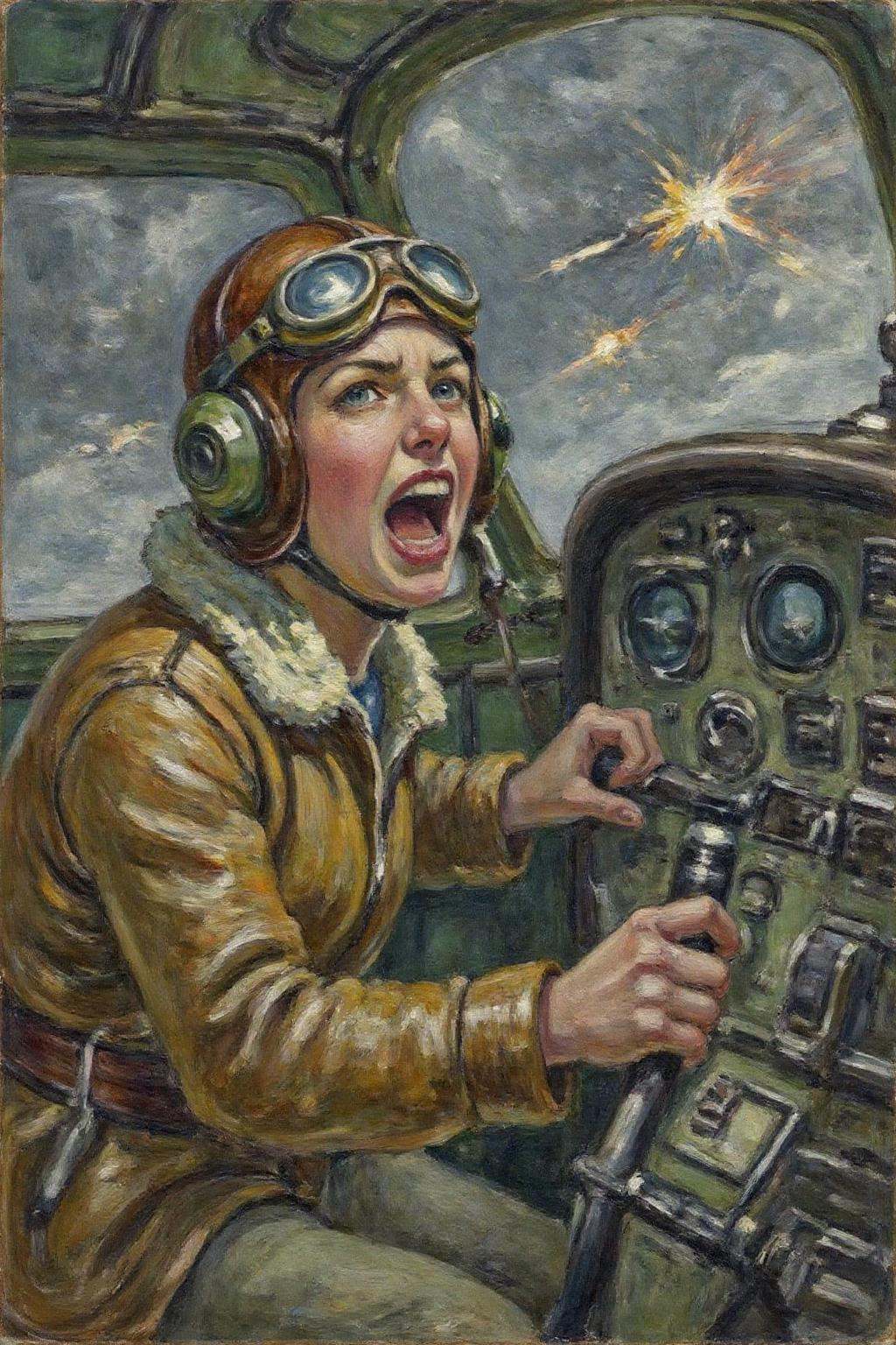 dorotheasharp1 painting. A female pilot screaming inside the cockpit of a World War II bomber. The pilot,  wearing a vinta...