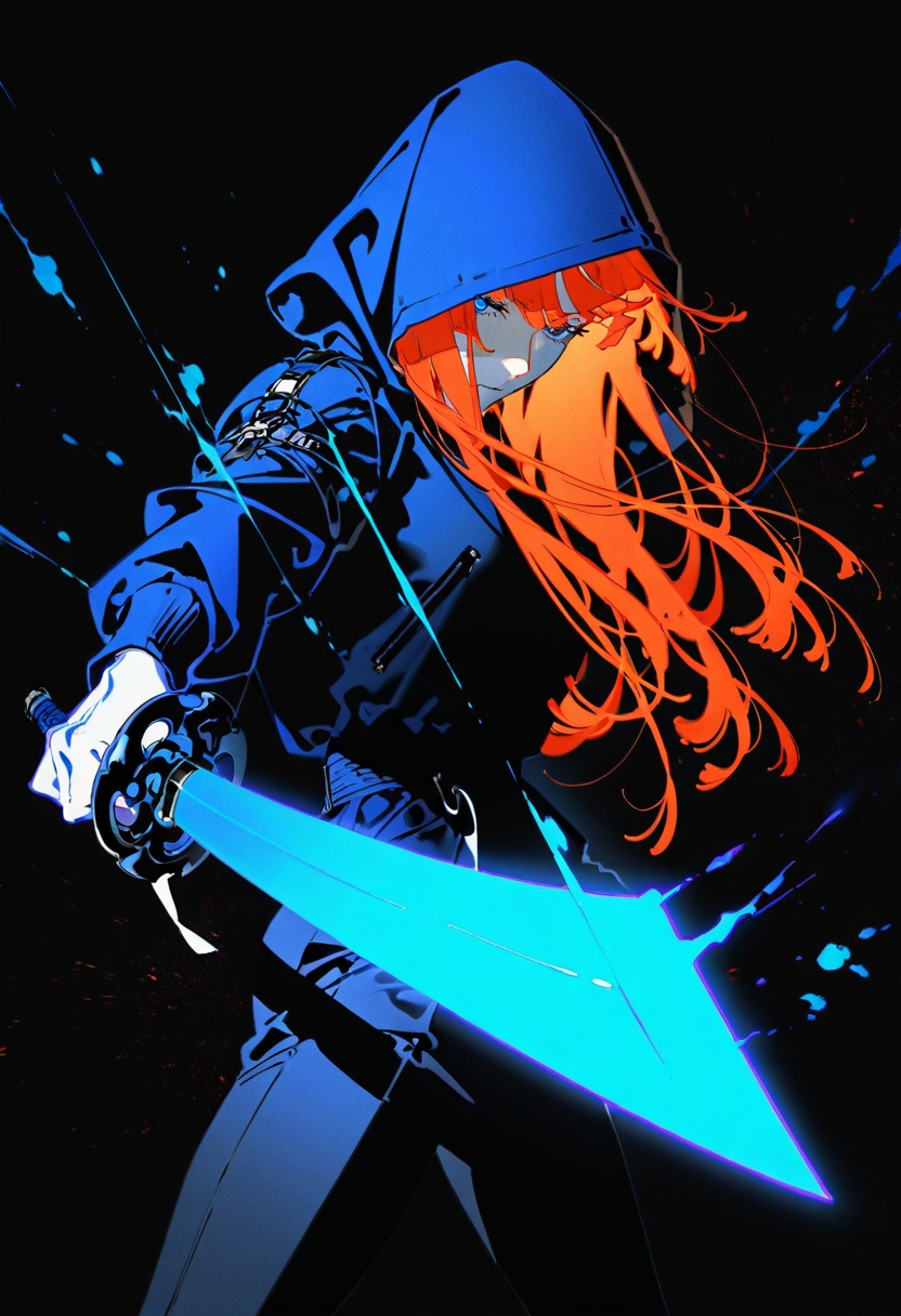 lineart,  monochrome,  (blue sword) on Tensor.Art