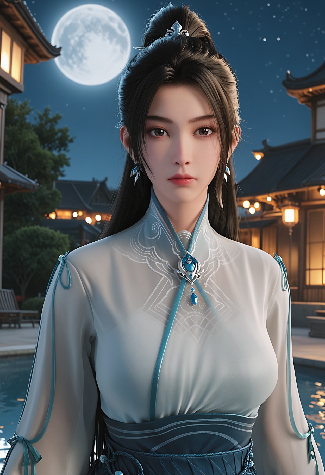 score_9,BREAK<lora:YQponyningyaoV2:0.8>,q1528437228,1girl,solo,earrings,jewelry,sash,ponytail,long_hair,long_sleeves,dress,see-through,black_hair,see-through_sleeves,chinese_clothes,white_dress,brown_hair,backlighting,closed_mouth,hair_ornament,BREAK(upper_body:1.2),looking at viewer,(moon:1.1),(night:1.1),sky,night sky,(full moon:1.1),(huge planetary background:1.1),moonlight,1girl,solo,pool,water,blurry background,large breasts,