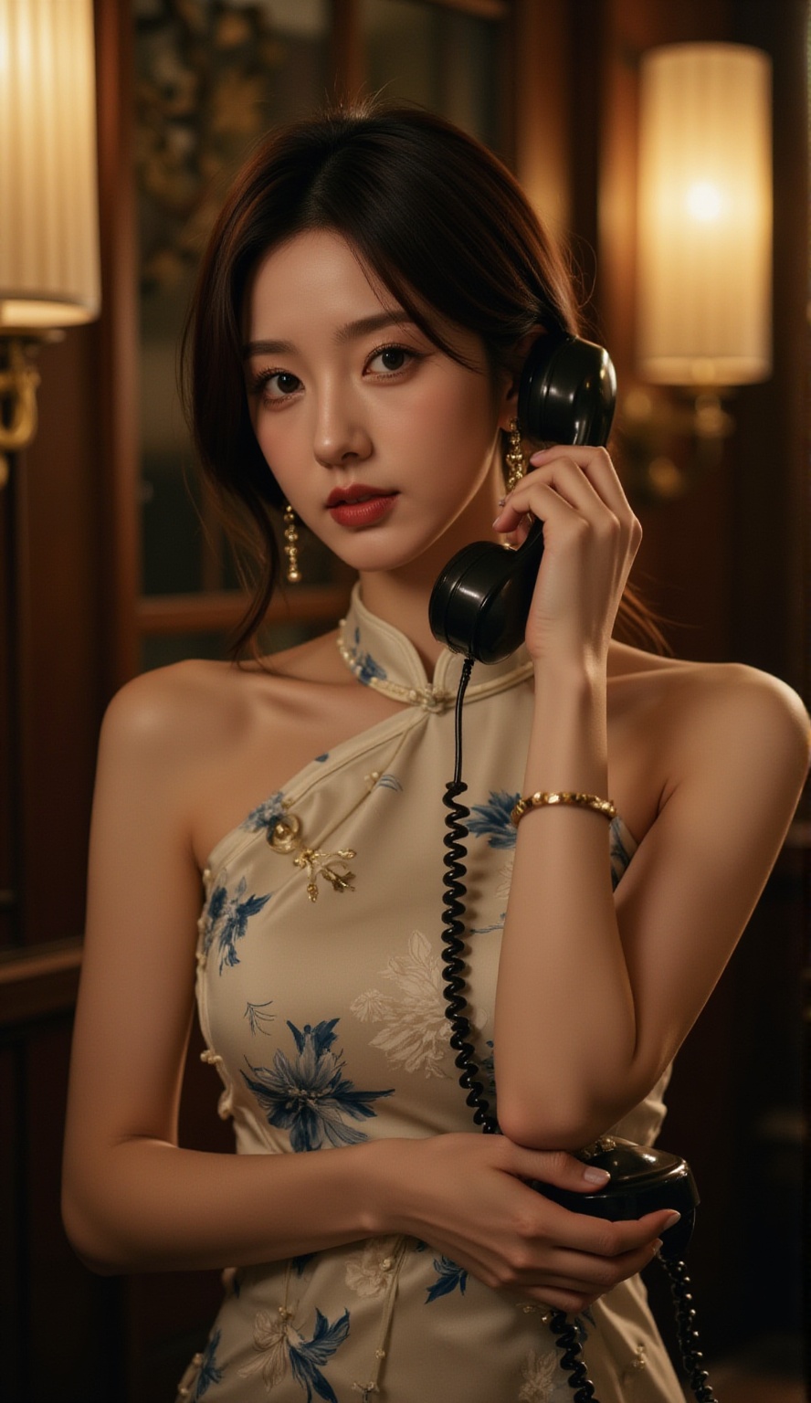 Cheongsam,Cheongsam,earrings,necklace,old-fashioned phones,warm yellow lights,