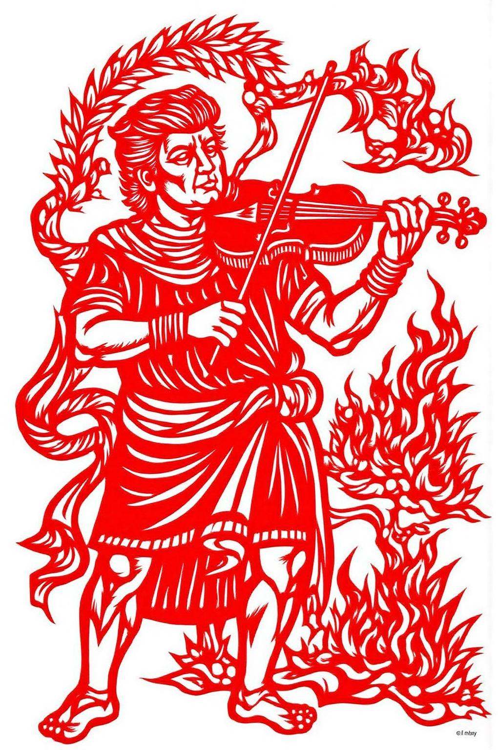 papercut art of Donald Trump dressed as Nero with a laurel Crown,  playing the fiddle while the world burns in the backgro...