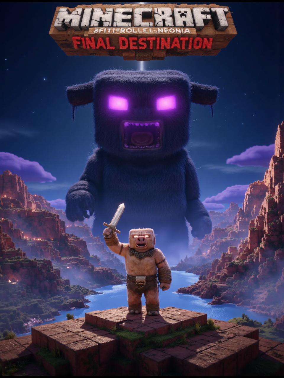 Movie poster for "Minecraft: Final Destination",  featuring a blocky Steve character with fluffy brown fur covering his cu...
