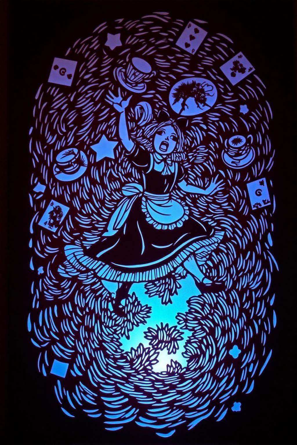 papercut art.sculpture ofAlice in Wonderland falling into the rabbit hole,  with her legs dangling beneath her. She is loo...
