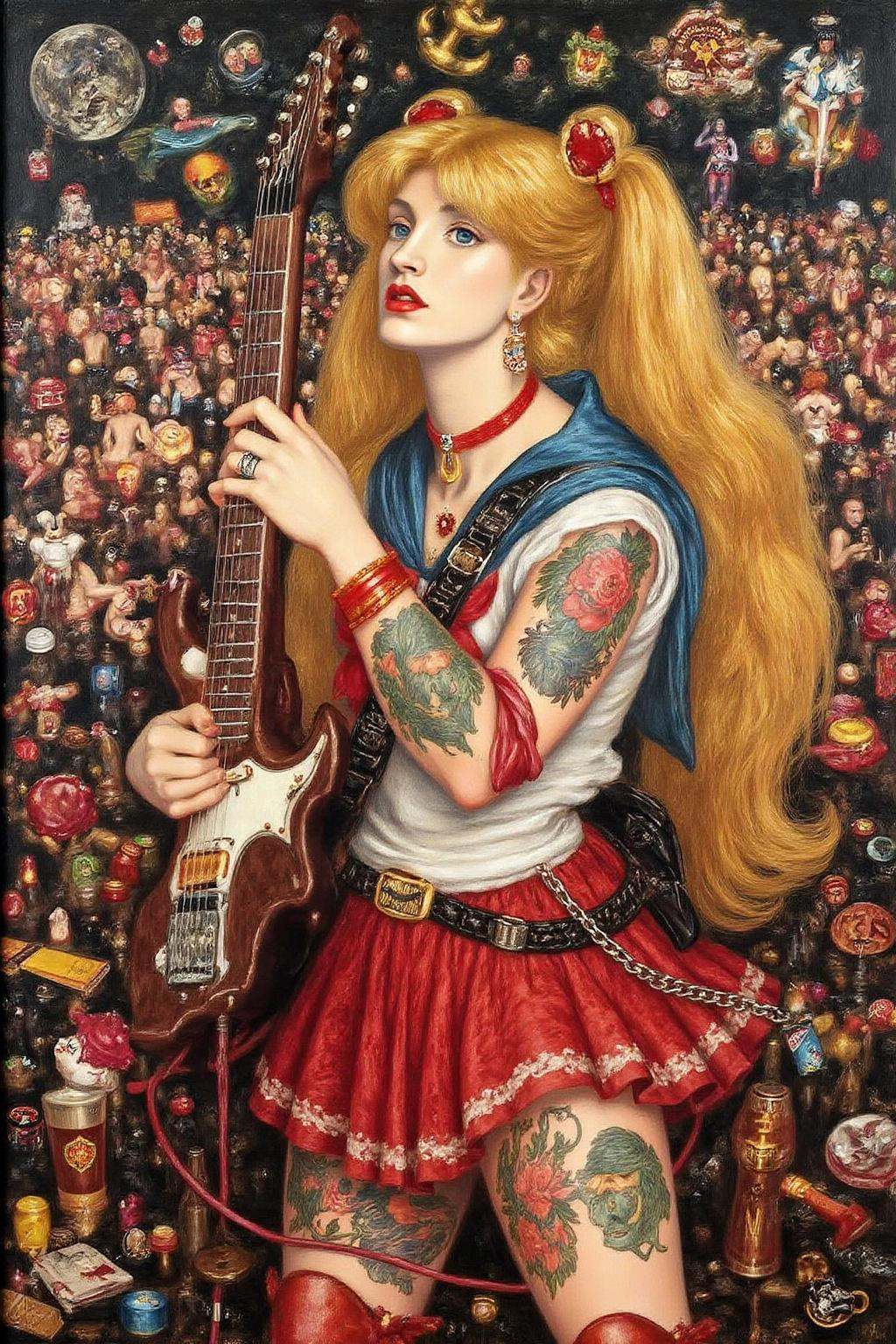 dgr painting.punk sailor moon playing a guitar at a heavy metal mosh pit,  tattoos,  piercing. on Tensor.Art