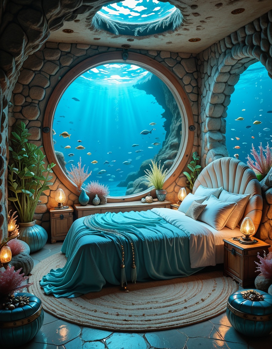 The magical underwater bedroom of the Mermaid,  with coral walls glowing softly in luminous shades of blue and turquoise....