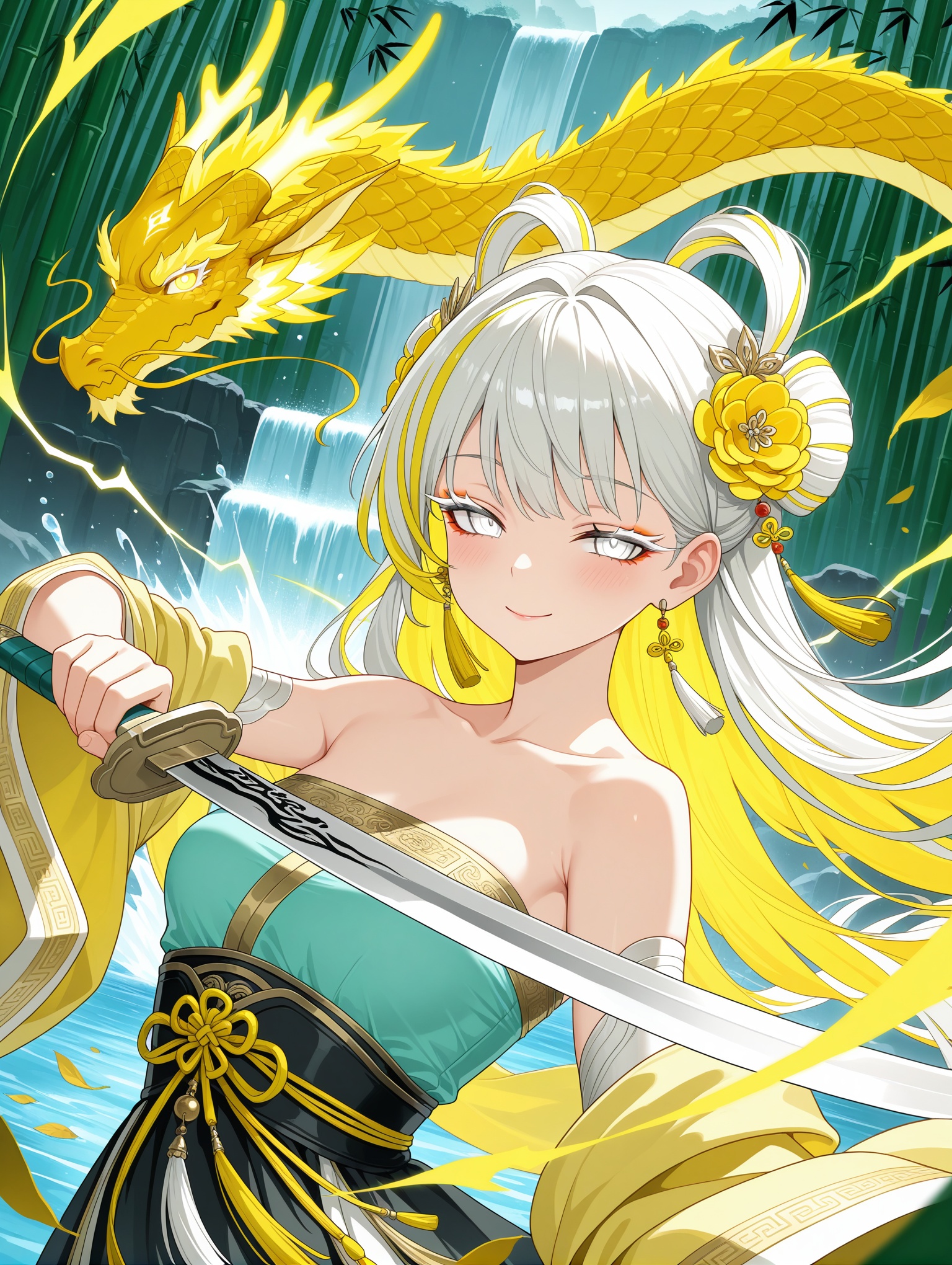 glowing eyes, streaked hair, glowing inner hair, glowing streaks, 1girl, jinhsi \(wuthering_waves\), white hair,blonde_eyes, large_breasts, (upper_body,close-up:1.4),Dynamic pose,串,((aqua and yellow:0.85) but Limited palette:1.2),//,Chinese architecture,Ink,hair flowers,bamboo forest,bamboo,//(long hair),small breasts,smile,((dragon)),Yellow lightning,(makeup,white eyeliner),white eyeshadow,white eyes,(long eyelashes),half-closed eyes,Dragon skirt,blush,holding sword,chinese sword,(dynamic angle:1.2),(hanfu:1.4),chinese clothes,transparent clothes,tassel,chinese knot,bare shoulders,kanzashi,draped silk,gold trim,wind,bokeh,scattered leaves,flying splashes,waterfall,splashed water,looking at viewer,                                         ,masterpiece,best quality,amazing quality,
