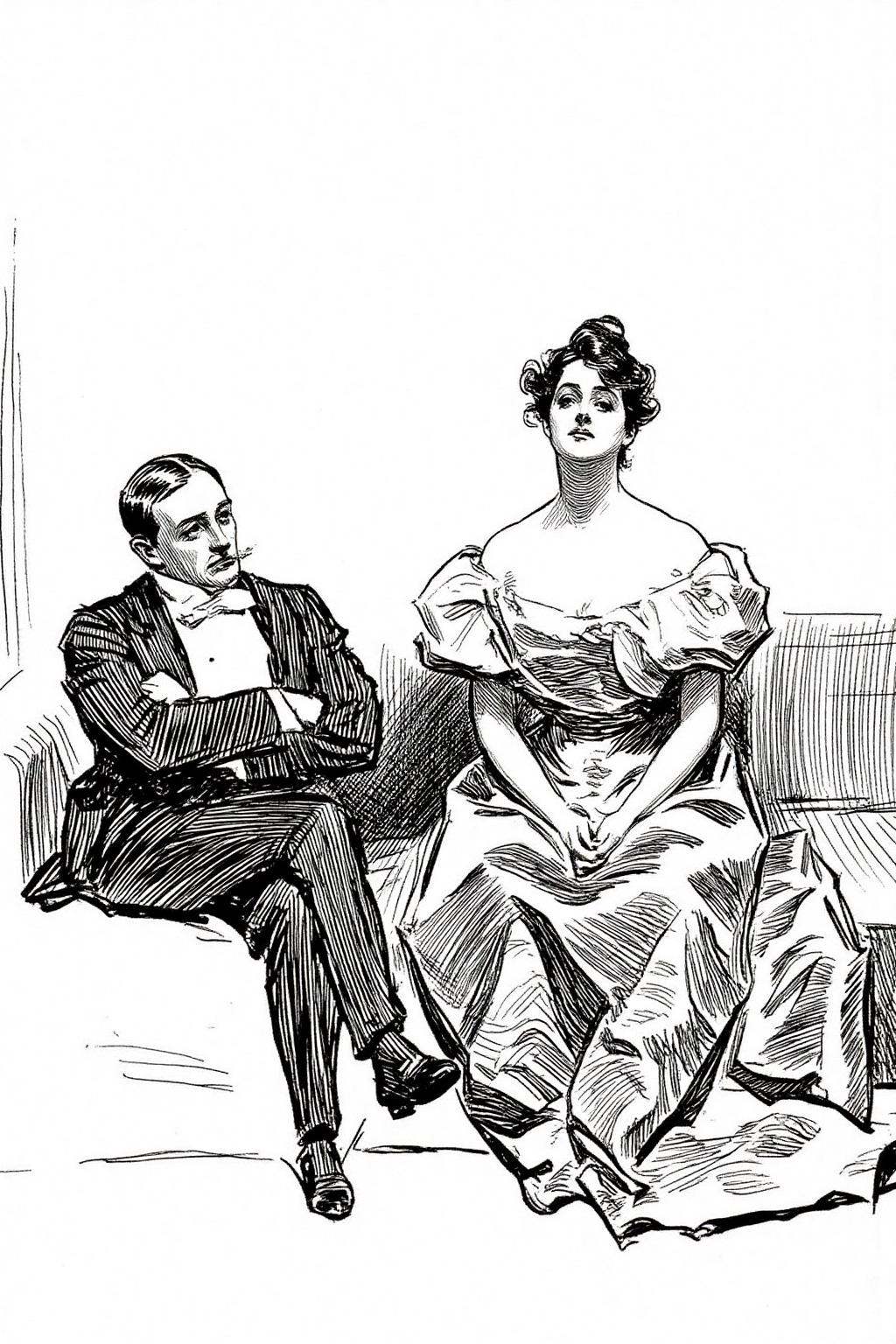 charlesdgibson1 illustration.A man and a woman are seated on a simple,  upholstered couch or chair with a subtle pattern i...