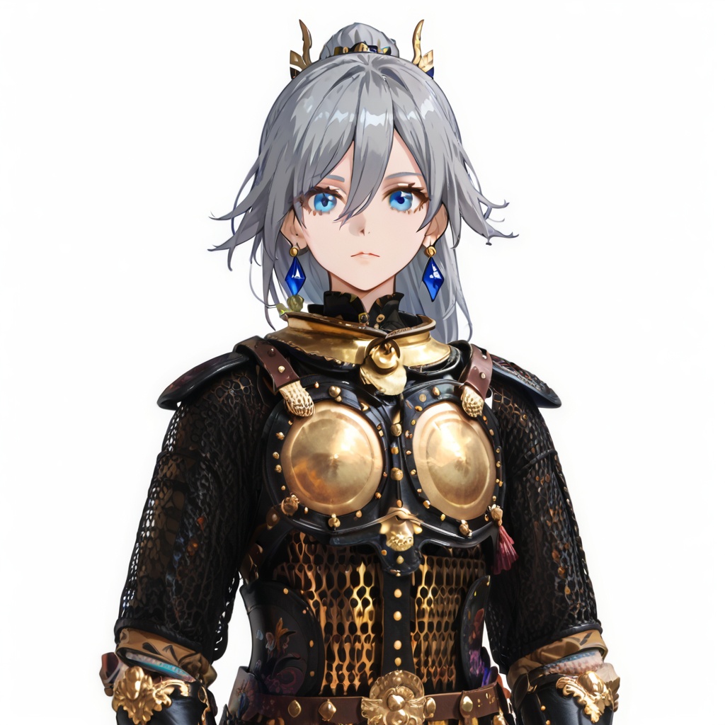 (white background:1.2),looking at viewer,(SOLO:1.4),outline,simple background,upper body, cowboy shot,looking at viewer,(((arms at side))),     fu hua,armor,blue eyes,hair between eyes,boots,grey hair,shoulder armor,gauntlets,breastplate,ponytail,in the face,tassel,sheath,sheathed,, earrings, jewelry<lora:jiangju-2-pony:0.8>