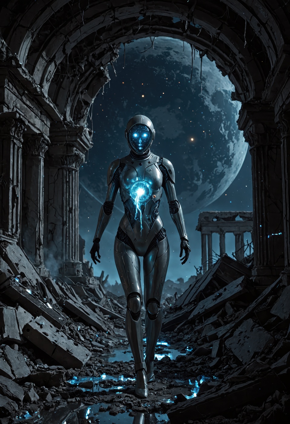 a spacefarer floats through the ruins of a long-forgotten city on an alien moon. The buildings are ancient,  yet still rad...
