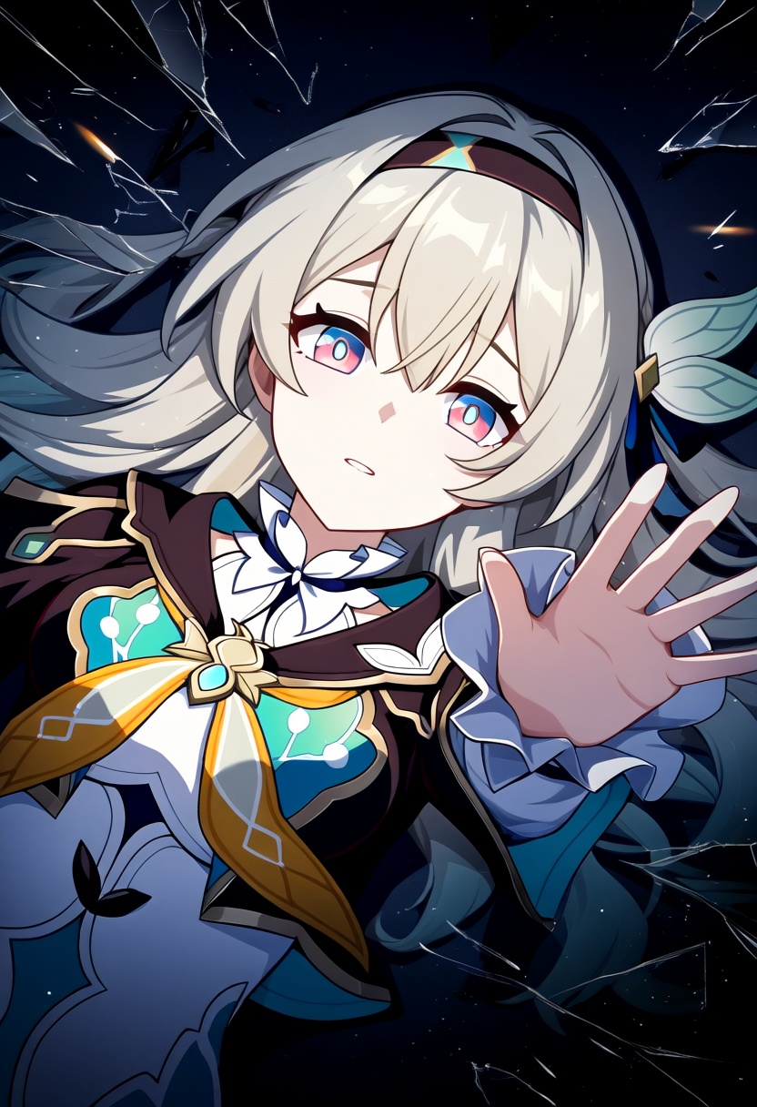 1girl, firefly \(honkai: star rail\), honkai: star rail, black hairband, black jacket, blonde hair, blue eyes, broken glass, cable, cracked, cracked glass, cracked screen, dark, dutch angle, frilled shirt collar, frills, hairband, jacket, light particles, long hair, looking at viewer, looking to the side, lying, multicolored eyes, neckerchief, on back, parted lips, pink eyes, reaching towards viewer, open hand, sad, solo, two-tone eyes, upper body, yellow neckerchief, masterpiece, high score, great score