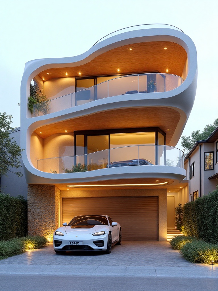 F1CYtower,  F1CYtower,  Contemporary Architecture: A Modern House with Curved Design Elements and a Garage for an Electric...