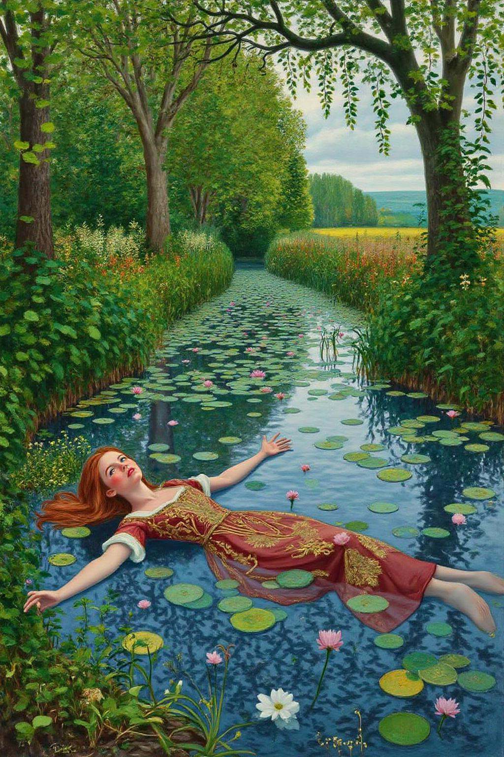 daho1 painting.A highly detailed oil painting in the style of Sir John Everett Millais,  depicting Ophelia from Shakespear...