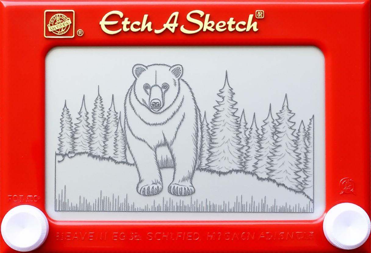 This image is a photograph of a drawing created using the Etch A Sketch toy,  a classic handheld drawing toy that uses a s...