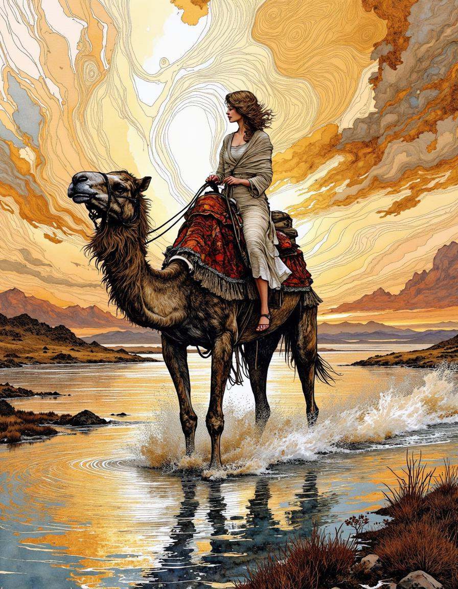 This is a digital artwork created in a mixed media style,  blending elements of watercolor and ink.A woman riding camel,...