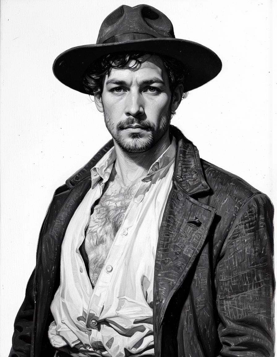 A digitally illustrated drawing in comic book style.A black-and-white drawing of a man,  rendered in a semi-realistic,  hi...