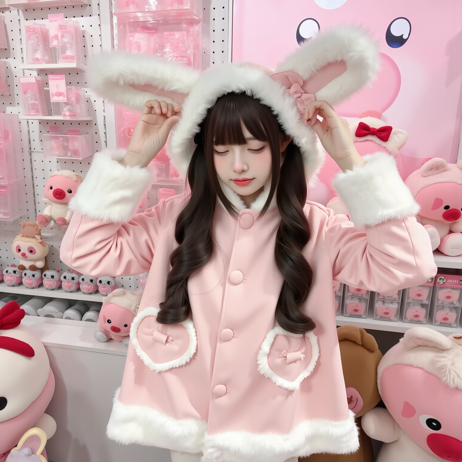 1girl,The image is a photograph of a young woman in a playful, whimsical setting. She stands in a brightly lit, pink-themed store, with shelves filled with plush toys and merchandise. The woman is wearing a pastel pink, fluffy coat with white fur trim and a large, fluffy white bow on the hood, giving her a playful, bunny-like appearance. Her long, dark brown hair cascades over her shoulders, and she has a gentle, serene expression. Her outfit includes a pair of white, knee-length pants, adding to the soft, fluffy aesthetic. The background is filled with plush toys, predominantly pink and white, including a large plush bear and other stuffed animals, enhancing the cute and whimsical theme of the scene. The overall color palette is dominated by soft pastel shades of pink, white, and light brown, contributing to a cozy, childlike atmosphere. The store shelves are neatly arranged, with a mix of plush toys and small items, creating a visually appealing and inviting display. The woman's pose is relaxed, with her hands gently holding the bunny ears on her head, emphasizing the playful, child <lora:萌妹FLUX-14:0.6>