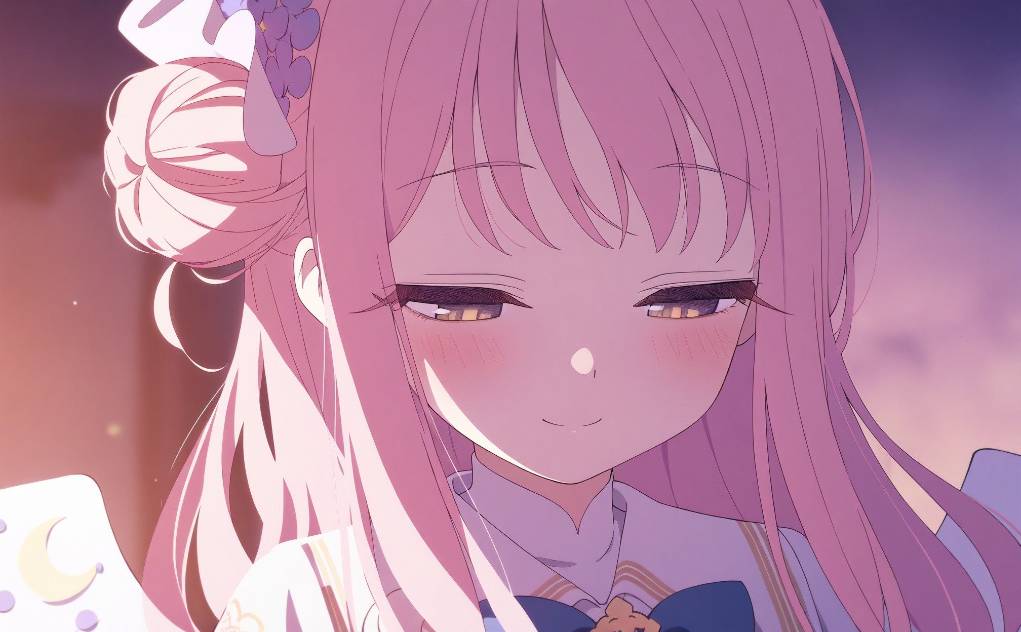 masterpiece,best quality,high quality,loli,1girl,mika (blue archive),solo,pink hair,single side bun,hair bun,long hair,yellow eyes,smile,hair ornament,wings,hair flower,flower,white capelet,white wings,portrait,closed mouth,capelet,purple flower,white dress,dress,half-closed eyes,angel wings,blush,blurry,looking down,feathered wings,<lora:BA2——【Illustrious】hans:1>,