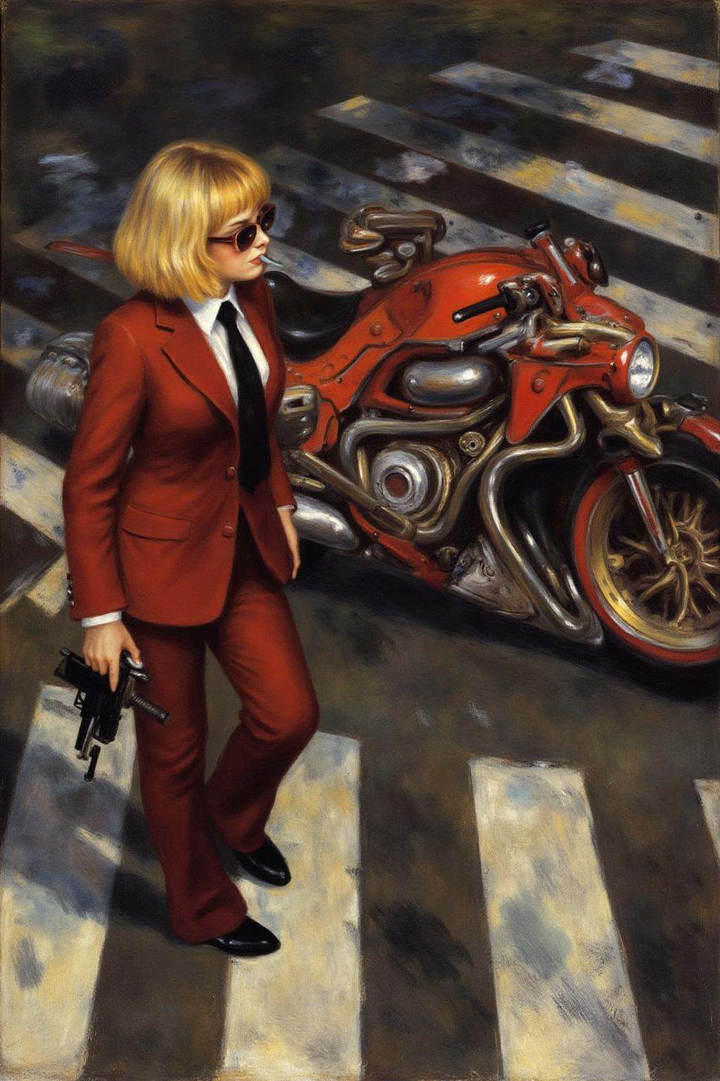pierreaugusterenoir1 painting. Overhead shot of an Blonde woman walking away from a futuristic motorcycle parked at a zebr...