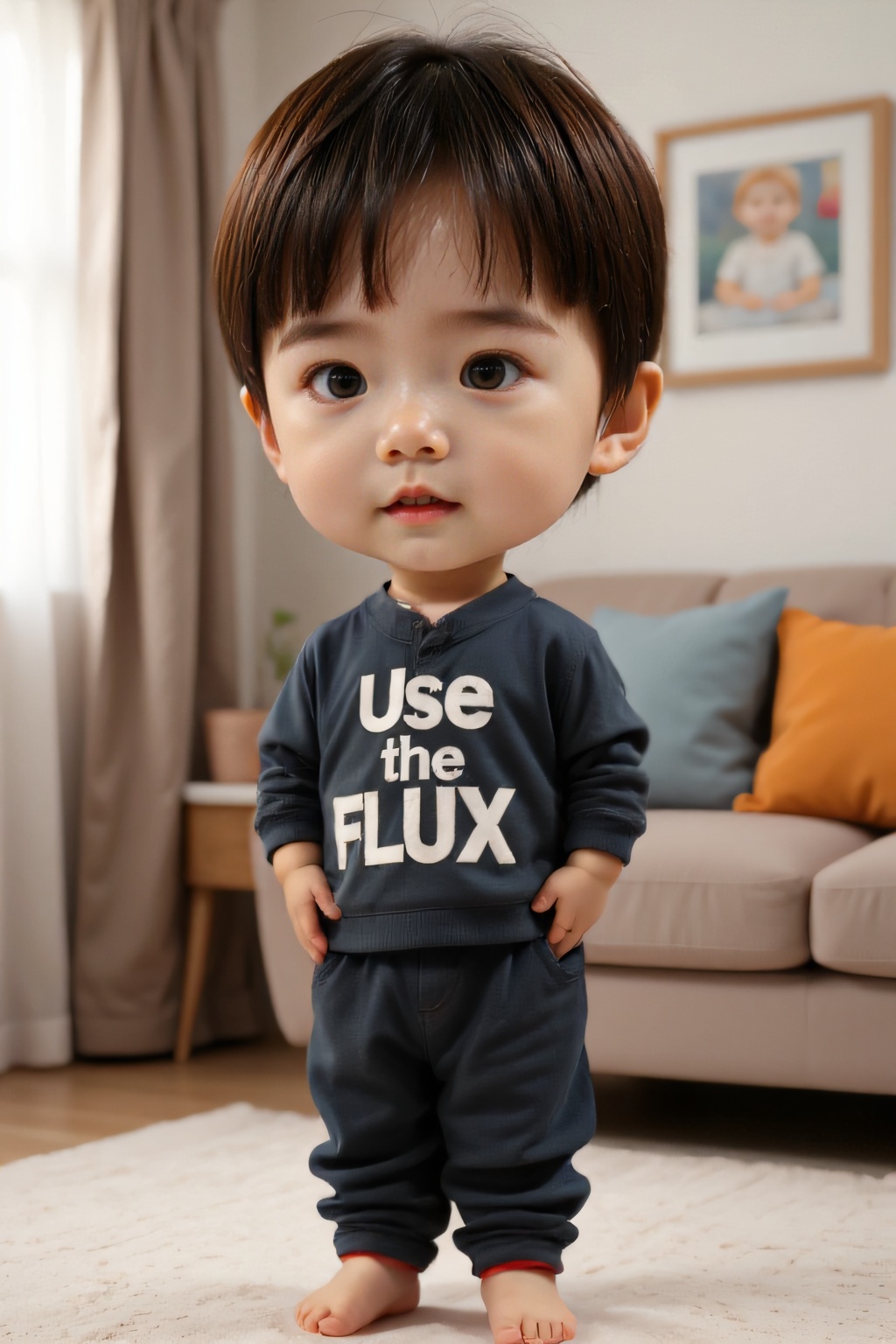 <lora:AgainF1ChibiLora:1>,boy,chibi,full body,indoors,the boy is wearing clothes with the words"Use the flux model"