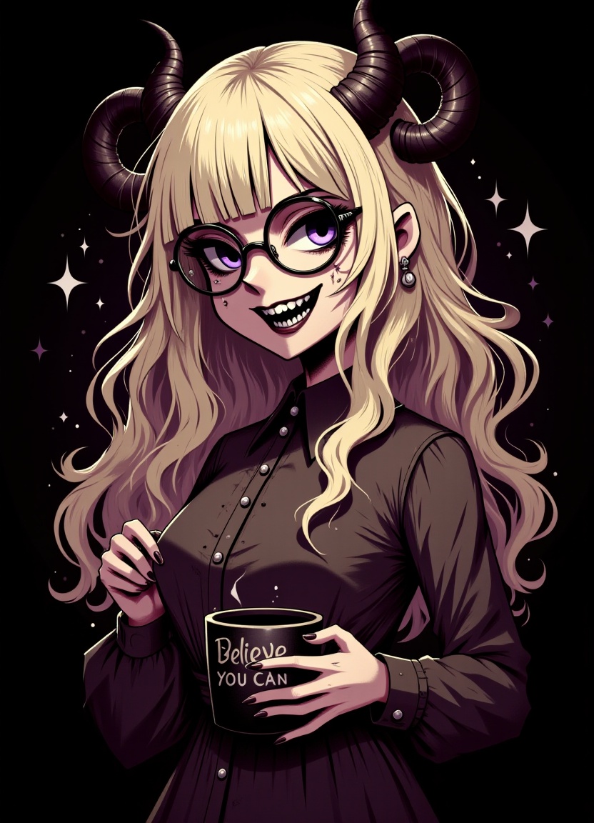 a young woman with sfw wavy long platinum blonde hair and teeth,  wearing glasses and horns,  standing against a dark back...