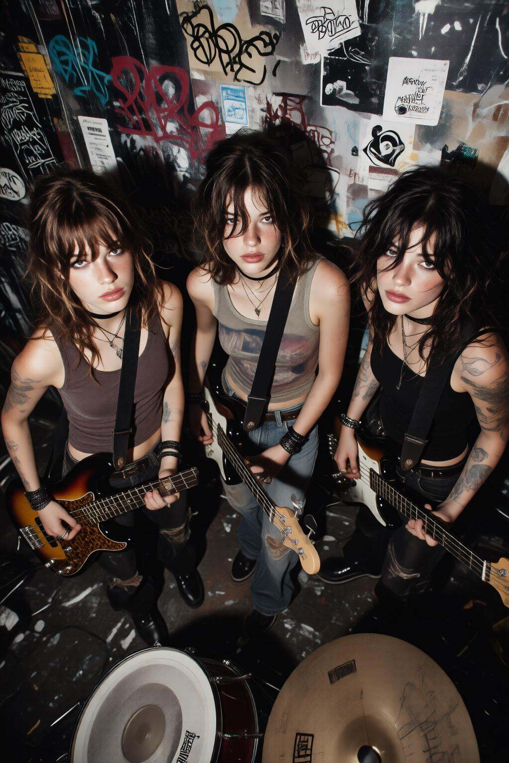 midjourneyhighangle13q High angle view.Three young women with messy hair are standing closely together,  each holding musi...