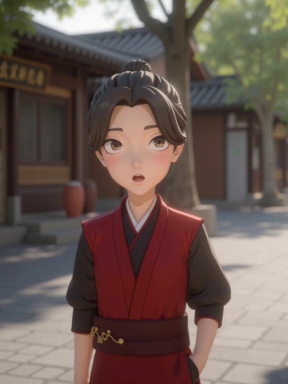 3D style,A boy with black hair is wearing Chinese clothes outdoors,