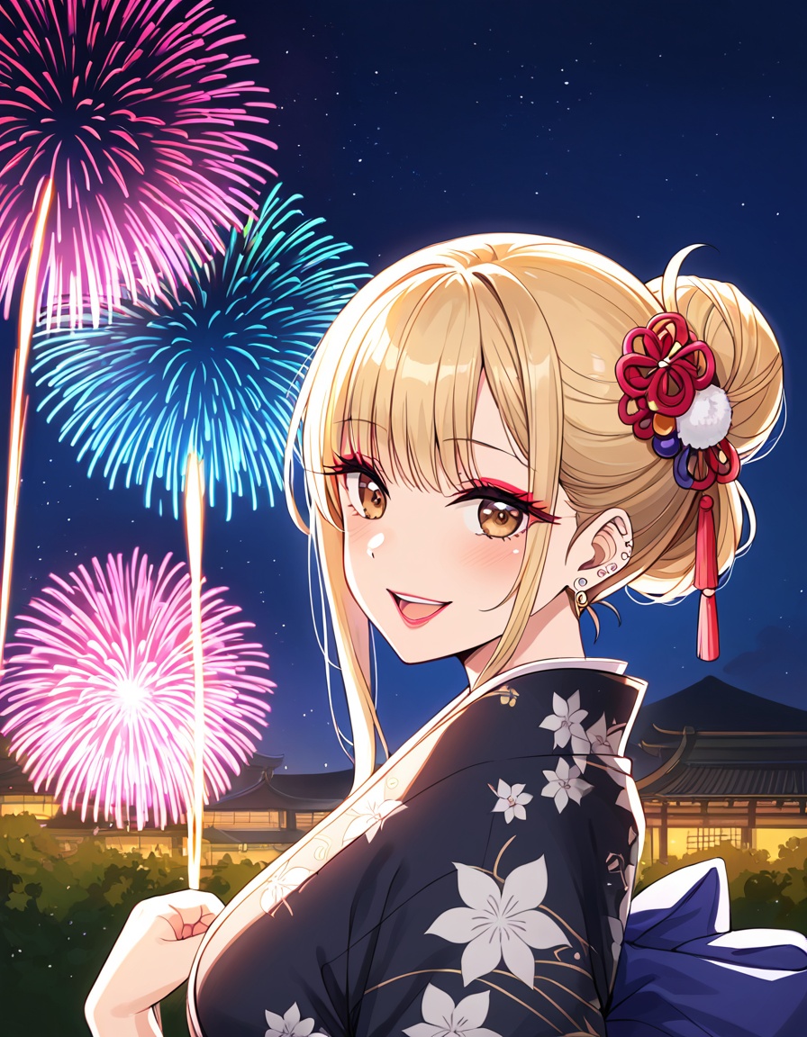 kitagawa marin,  View from the side. A girl named Kitagawa Marin with long blonde hair and big brown eyes is standing in f...