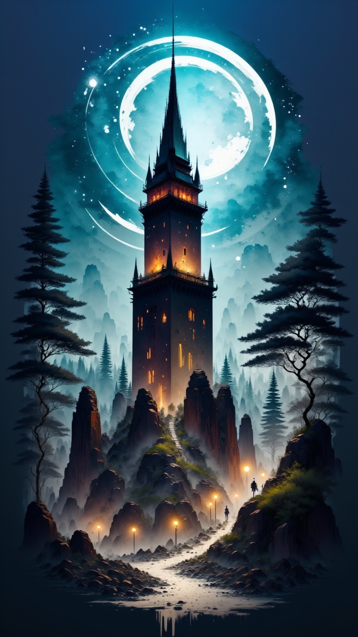 The towering structure of the Obsidian Tower stands tall against a backdrop of shimmering blue sky. Its intricate stonewor...