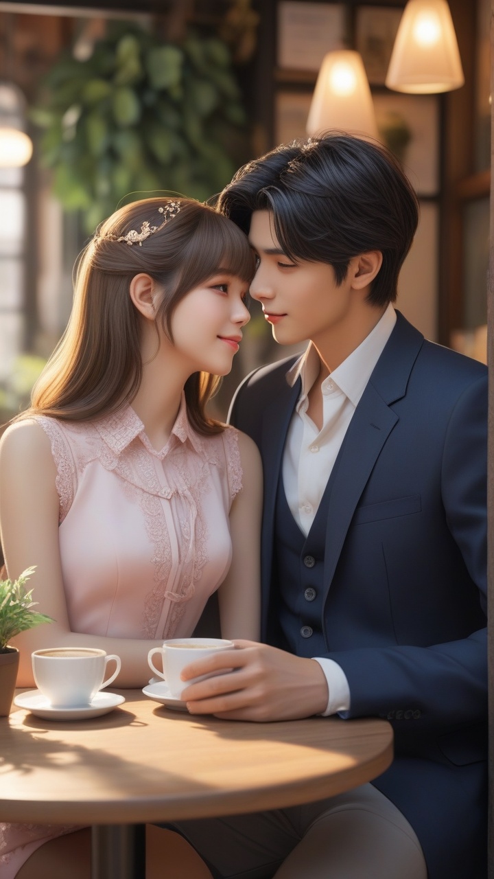 A heartwarming romantic scene captures an intimate cafe date between a young couple,  rendered in stunning professional an...