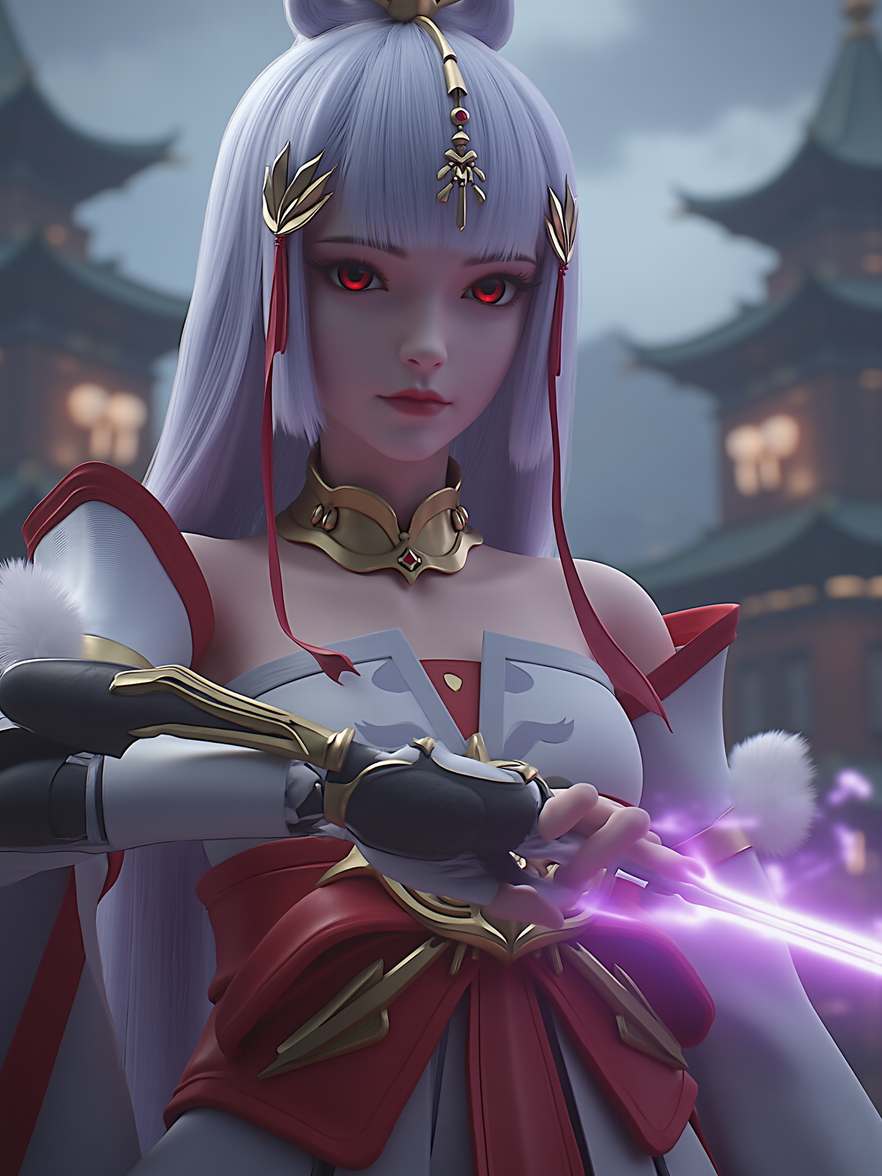 Photograph,young woman,white hair,red eyes,intricate headdress with golden accents, white and red robes, (A cinematic shot of a beautiful asian female cyborg, detailed face features, black hair, robotic arms, robotic legs, holding a purple glowing katana by the handle in attacking pose, purple fire around the katana blade, best quality, amazing details, temple in background:1.2), <lora:太阴玉兔0.5:0.8>