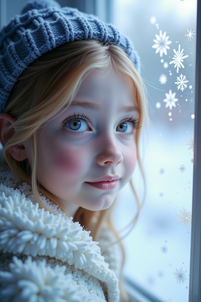 A delicate snow-crystals gently descends,  its intricate facets shimmering in soft,  morning light. A gentle girl's face o...