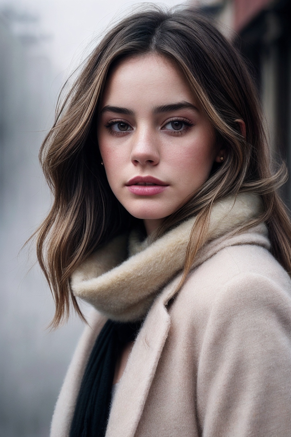 MakenzieR_SoloTI,  (In a soft,  flowing coat with a delicate scarf on Tensor.Art