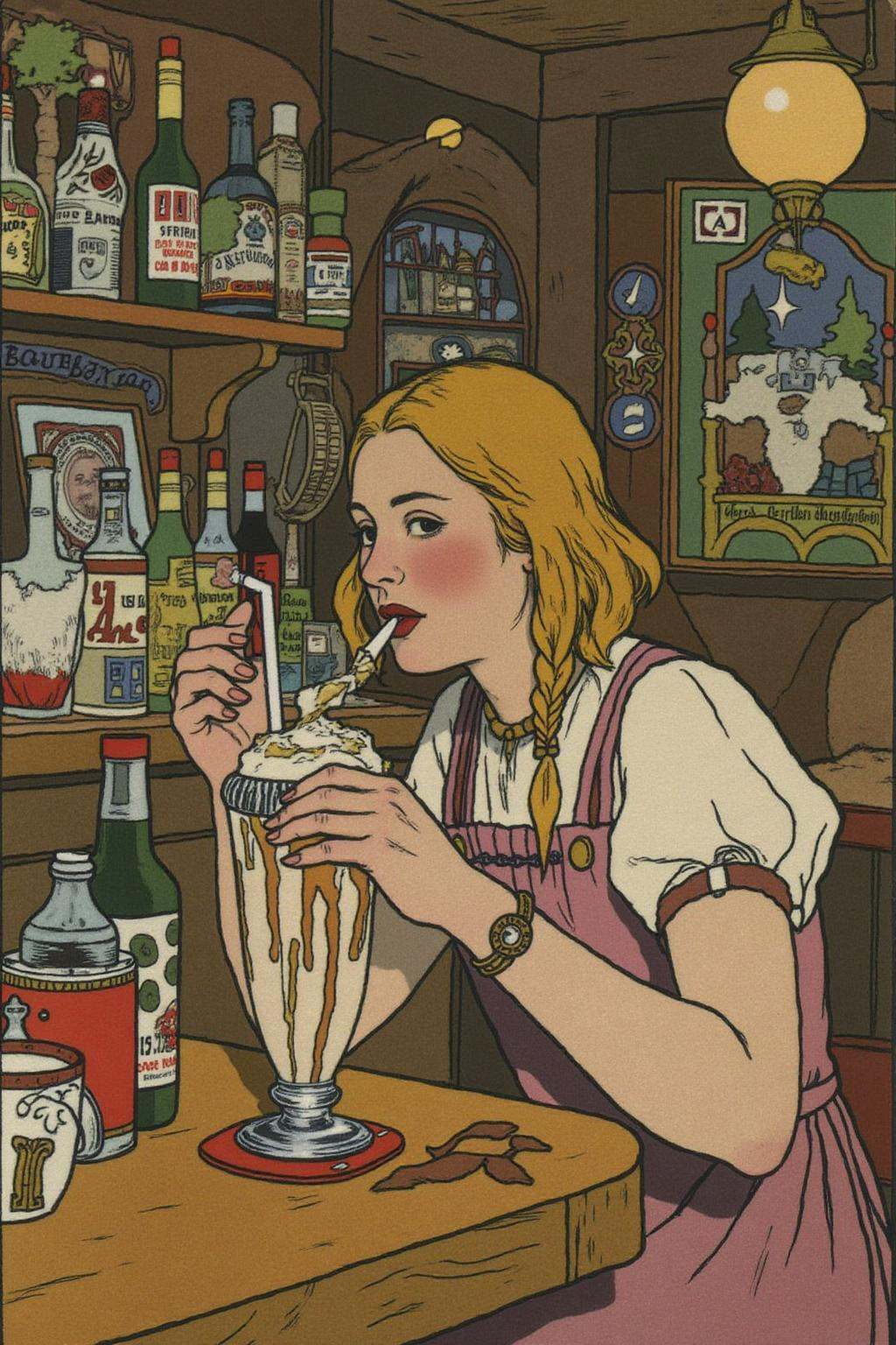 ivanbilibin1 illustration.A woman in a pub eating a milkshake on Tensor.Art