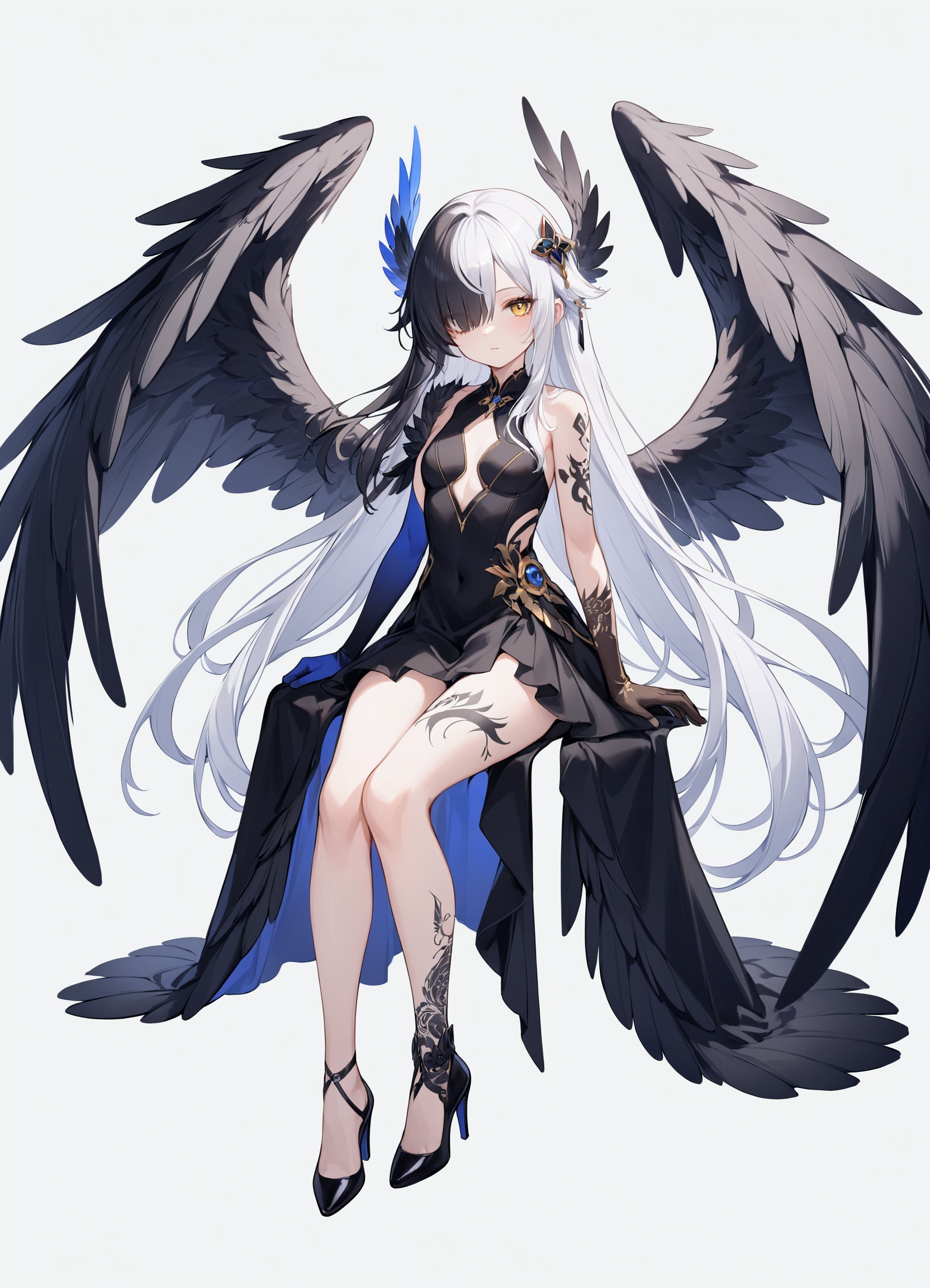 1girl, solo, breasts, looking at viewer, very long hair, bangs, simple background, hair ornament, yellow eyes, gloves, white background, dress, bare shoulders, jewelry, standing, full body, white hair, braid, multicolored hair, small breasts, wings, sleeveless, black gloves, elbow gloves, black footwear, hair over one eye, black dress, high heels, tattoo, feathered wings, single glove, black wings, blue gloves, low wings, asymmetrical clothes, asymmetrical gloves, single elbow glove, leg tattoo, single sleeve, mismatched gloves, uneven gloves,(sitting),