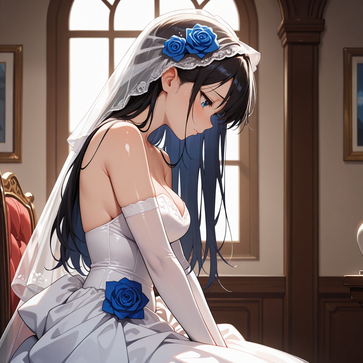 wedding dress,  blue rose,  sitting on Tensor.Art