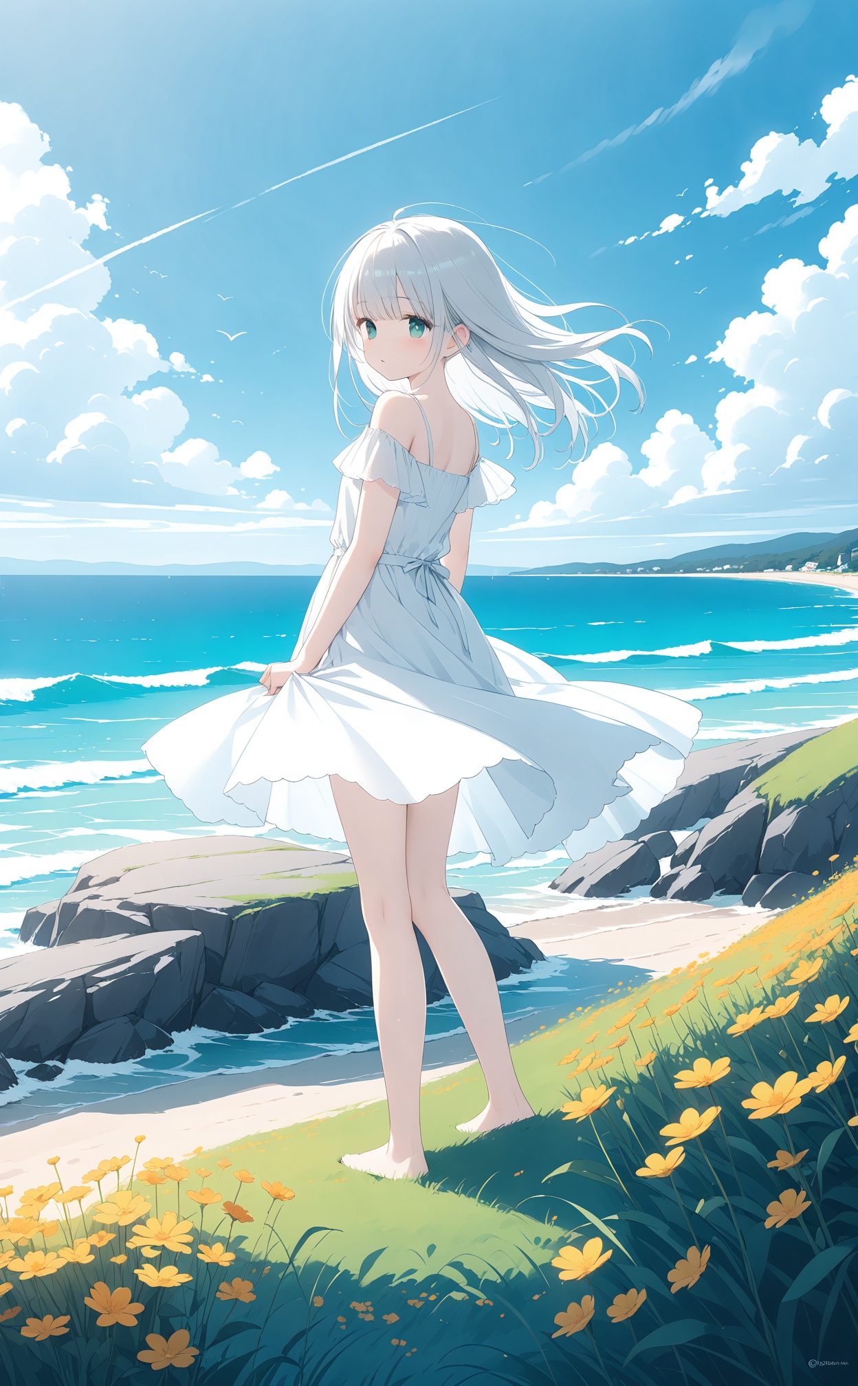 masterpiece,best quality,high quality,(colorful),An animated painting of a girl in a white dress,standing on a rock looking out at the ocean. The girl's long white hair is blowing in the wind. The sky is a deep blue,with a few wispy white clouds in the distance. The ocean is a light blue-green color,and the waves are crashing against the rocks. The rocks on the right side of the image are dark gray,while the water on the left side is a lighter blue. There are a few small orange flowers in the grass,adding a pop of color to the scene.,1girl,barefoot,