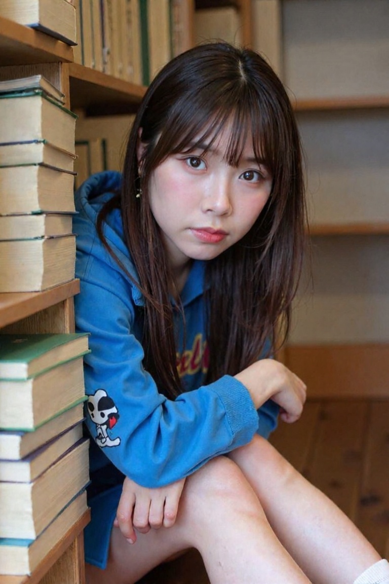 A sharp image shows a young woman named l1yuu with long,  dark hair and bangs,  sitting on the floor in a library. She is...