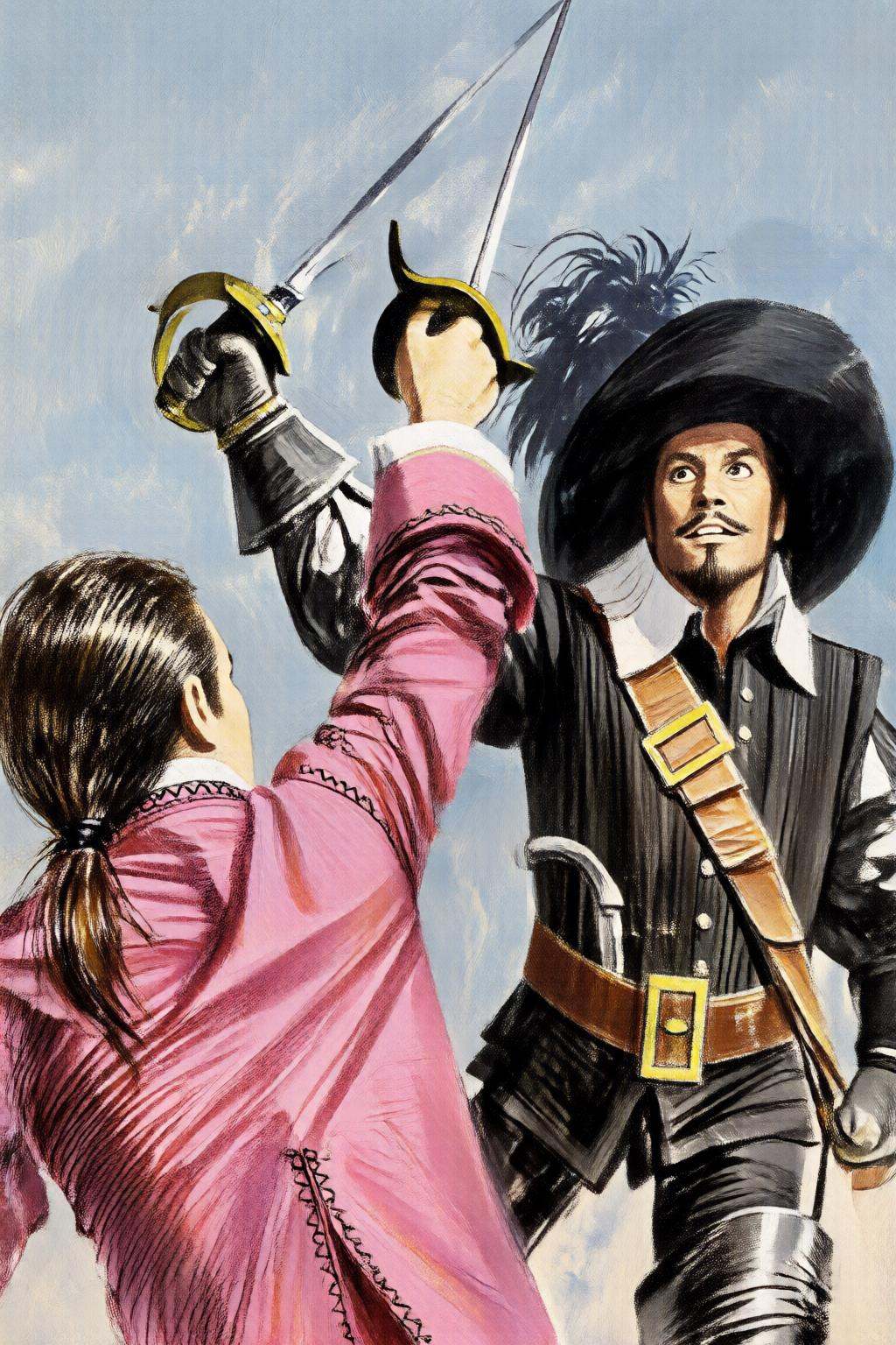 giannirenna2q illustration. Two men dressed in historical attire are crossing swords. The man on the left,  his back to th...