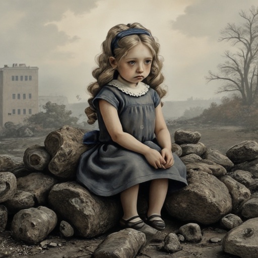 dark and gloomy children's book Artwork illustration of Gerda. She is sitting on rubble on the Airport Tempelhof in post-w...