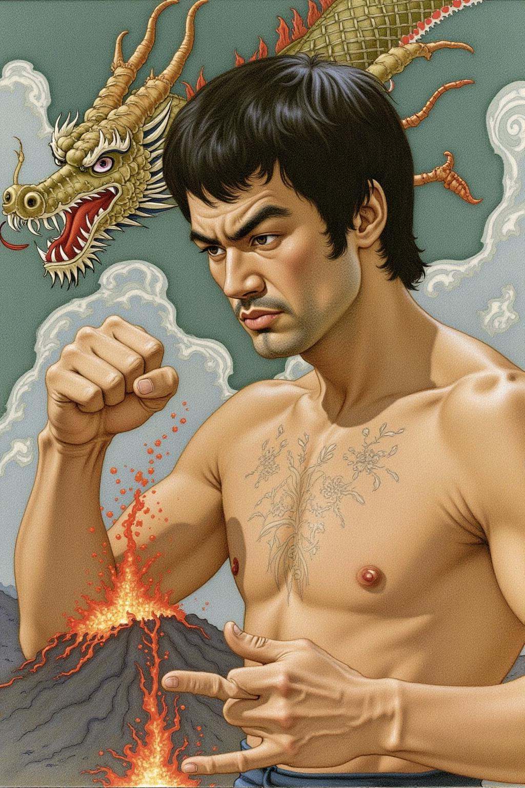 olgadugina1 illustration. Bruce Lee,  shirtless,  punching with his fist. His face and body is blended seamless with a Chi...