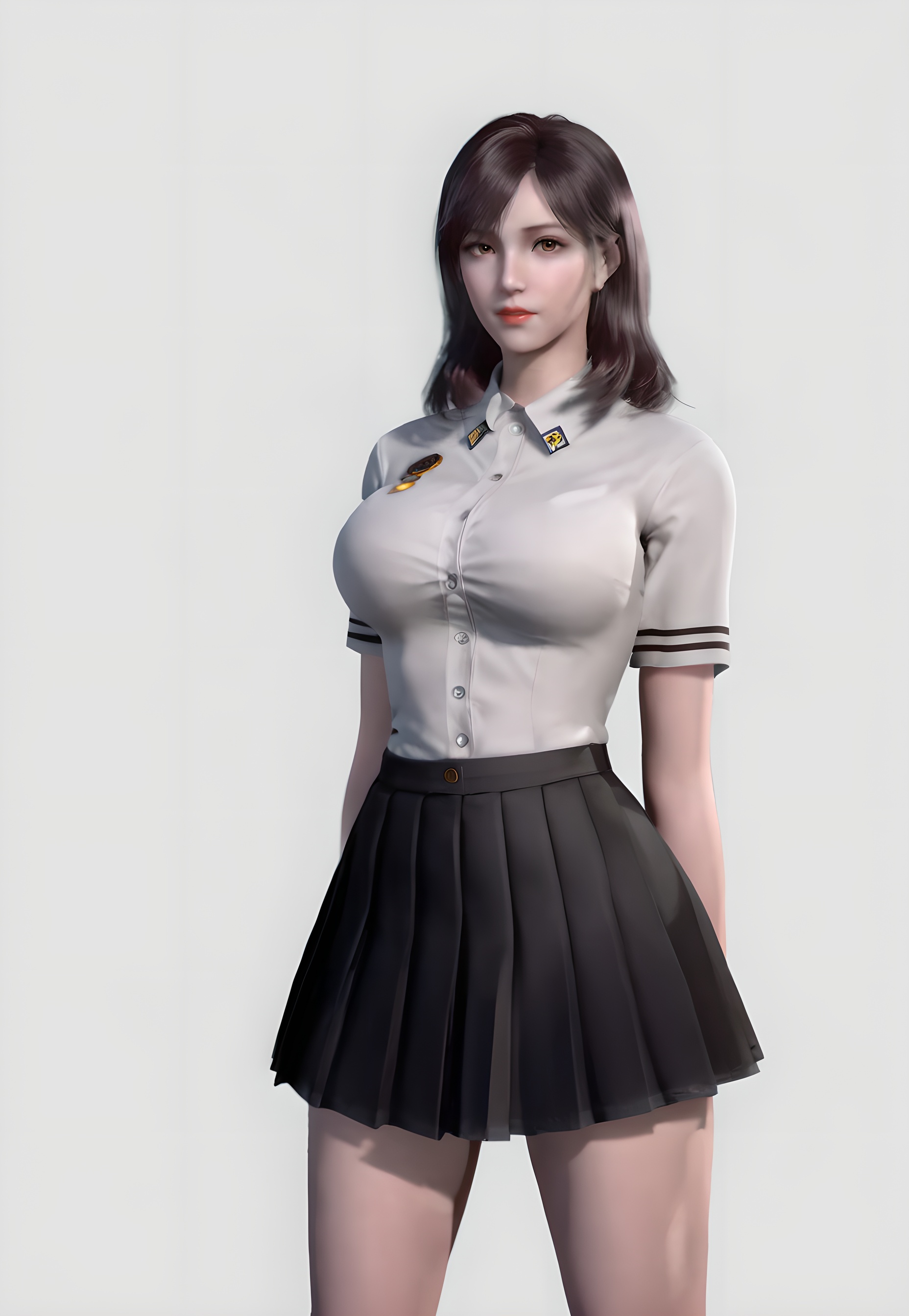 score_9,score_8_up,score_7_up,<lora:SF_XuXin_Pony-000004:0.7>,1girl,solo,standing,white school uniform,black skirt,breasts,large breasts,highleg,red lips,jewelry,looking at viewer,white background,