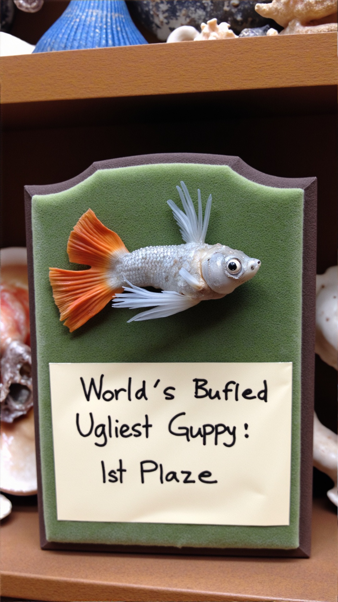 A photo of a badtxdrmy,  bad taxidermy,  A poorly taxidermied guppy is mounted on a velvet-covered wooden plaque on Tensor...