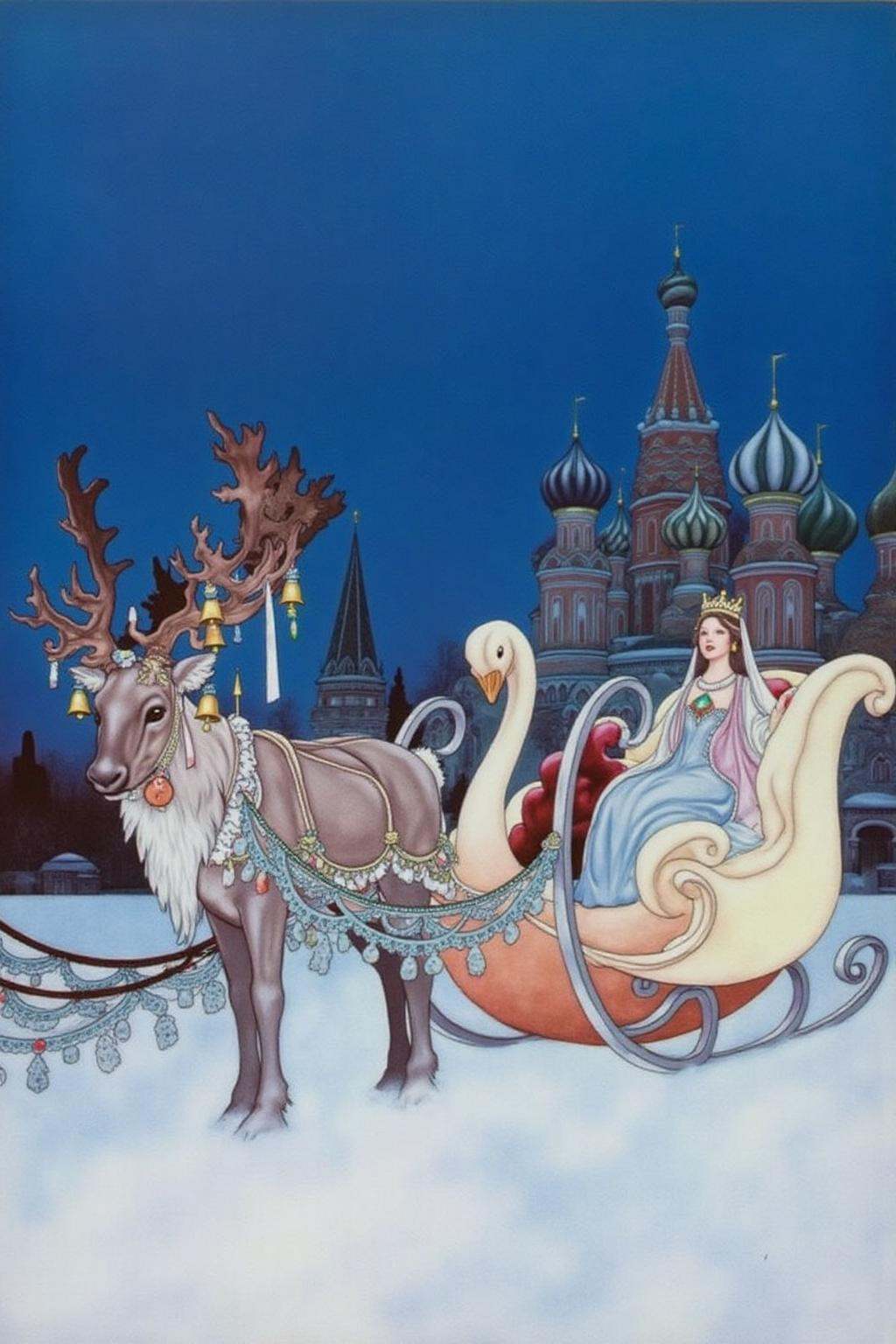 charob1 illustration.A serene,  snowy landscape under a gradient blue sky transitioning from deep to light blue. A reindee...