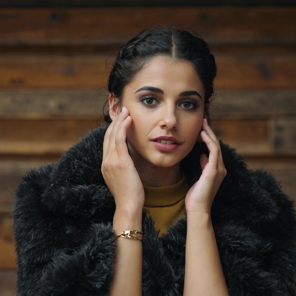A portrait of naomi_scott with a serene expression,  captured in a close-up shot. She has a braided hairstyle and wears a...